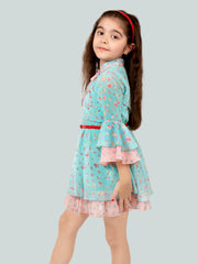 Floral Printed Polyester Tie-Up Neck Layered Fit & Flare Dress For Girls