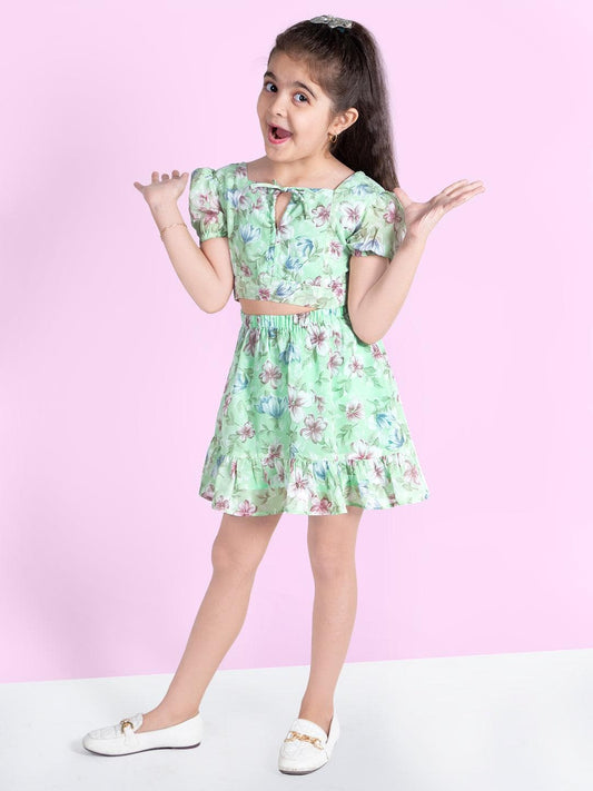 Floral Printed Pure Cotton Tie-Up Neck Fit & Flare Dress For Girls 1080