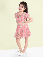 Floral Printed Pure Cotton Tie-Up Neck Fit & Flare Dress For Girls