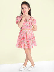 Floral Printed Pure Cotton Tie-Up Neck Fit & Flare Dress For Girls