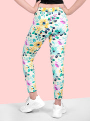 Floral Printed Quick Dry Polyester Jeggings For Girls