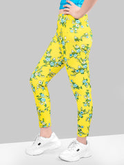 Floral Printed Quick Dry Polyester Jeggings For Girls