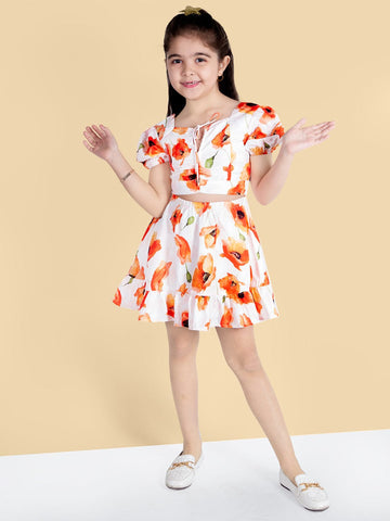 Floral Printed Tie-Up Neck Half Sleeve Polyester Flared Dress For Girls