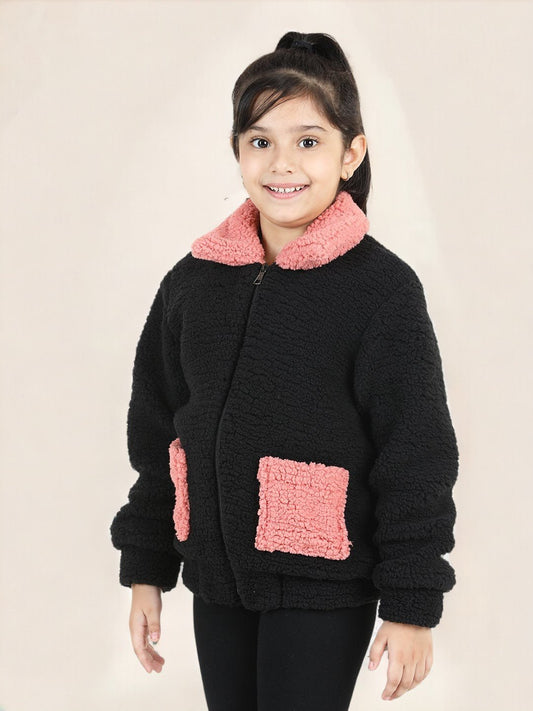 Full Sleeve Solid Front Zippered Sherpa Jacket For Girls 1080