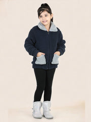 Full Sleeve Solid Front Zippered Sherpa Jacket For Girls