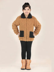 Full Sleeve Solid Front Zippered Sherpa Jacket For Girls