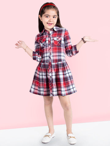 Girls Checked Flared Pure Cotton Shirt Dress