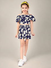 2 Piece Floral Printed Top with Shorts Clothing Set For Girls