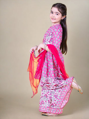 Gota Patti Ethnic Pink Printed 3 Piece Kurta Sharara & Dupatta Set In Cotton For Girls