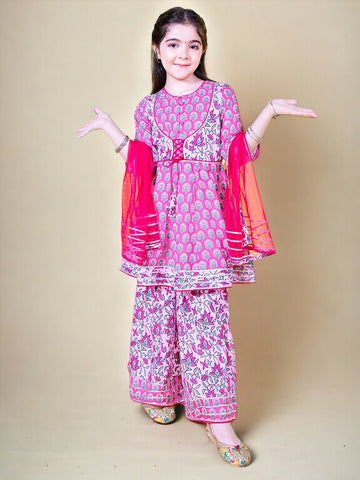 Gota Patti Ethnic Pink Printed 3 Piece Kurta Sharara & Dupatta Set In Cotton For Girls