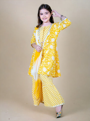 Gota Patti Ethnic Yellow Printed 3 Piece Kurta Sharara & Dupatta Set In Cotton For Girls