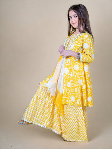 Gota Patti Ethnic Yellow Printed 3 Piece Kurta Sharara & Dupatta Set In Cotton For Girls