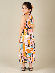 Halter Neck Printed Multi Abstract Polyester A-Line Maxi Dress For Girls