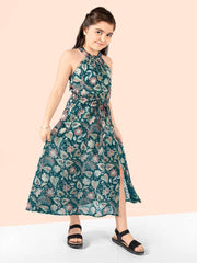Halter Neck Printed Multi Abstract Polyester A-Line Maxi Dress For Girls