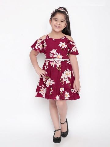 Maroon Floral Printed Fit & Flare Polyester Off Shoulder Knee Length Dress For Girls