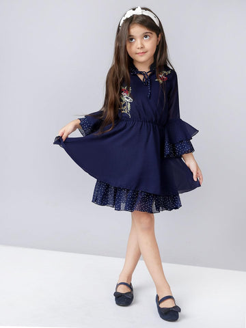 Navy Blue Embroidered Fit and Flare Dress