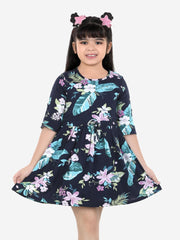 Navy Blue Floral Printed Fit & Flare Dress