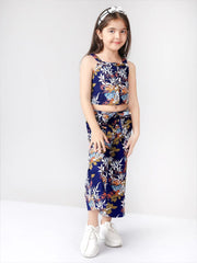 Navy Blue Floral Printed Top with Palazzo For Girls