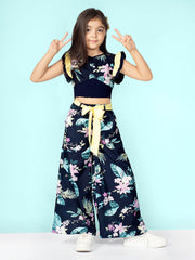 Navy Blue Floral Printed Top with Palazzo Set