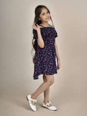 Navy Blue Off Shoulder Fit & Flare Ruffled Floral Cotton Dress For Girls