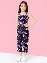 Navy Blue & Pink Floral Printed Top with Palazzo For Girls