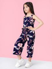 Navy Blue & Pink Floral Printed Top with Palazzo For Girls