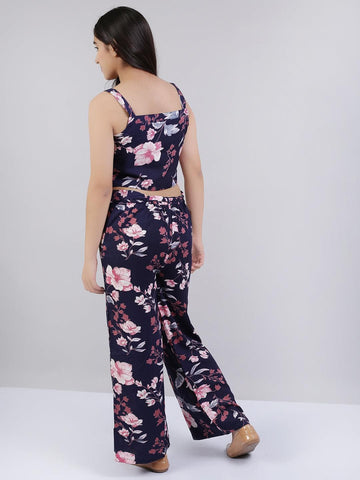 Navy Blue & Pink Floral Printed Top with Palazzo