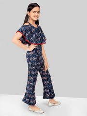 Navy Blue Printed Off-Shoulder Sleeveless Rayon Jumpsuit For Girls