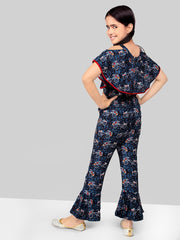 Navy Blue Printed Off-Shoulder Sleeveless Rayon Jumpsuit For Girls