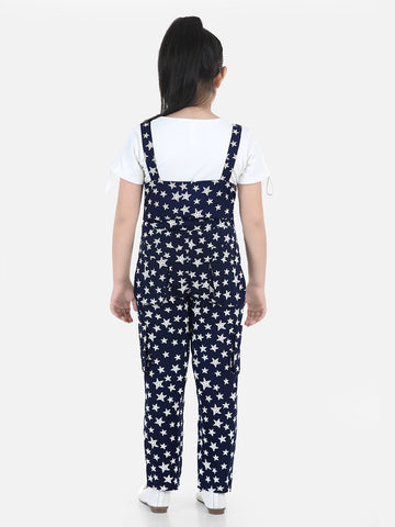 Navy Blue Pure Cotton Sleeveless Dungaree With Pockets & T-Shirt For Girls
