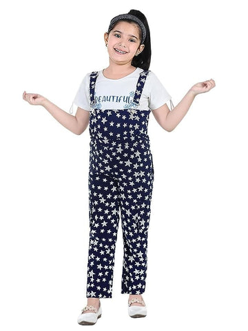 Navy Blue Pure Cotton Sleeveless Dungaree With Pockets & T-Shirt For Girls