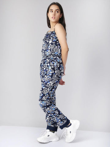Navy Blue & White Printed Jumpsuit
