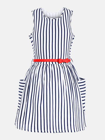 Navy Blue & White Striped Fit and Flare Dress