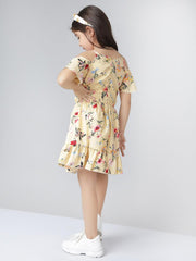 Off Shoulder Fit & Flare Knee Length Polyester Floral Dress For Girls