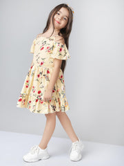 Off Shoulder Fit & Flare Knee Length Polyester Floral Dress For Girls