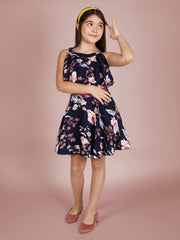 Off Shoulder Floral Fit & Flare Knee Length Cape Rayon Dress For Girls
