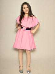 Off Shoulder Solid Fit & Flare Knee Length Cape Georgette Dress For Girls