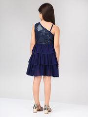 Off Shoulder Solid Fit & Flare Knee Length Georgette Sequin Dress For Girls