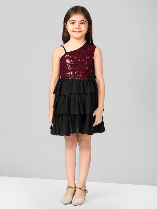 Off Shoulder Solid Fit & Flare Knee Length Georgette Sequin Dress For Girls 1080
