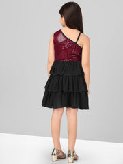 Off Shoulder Solid Fit & Flare Knee Length Georgette Sequin Dress For Girls