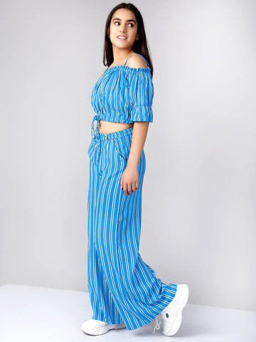 Off Shoulder Striped Cotton 2 Piece Top & Palazzo Set For Teens