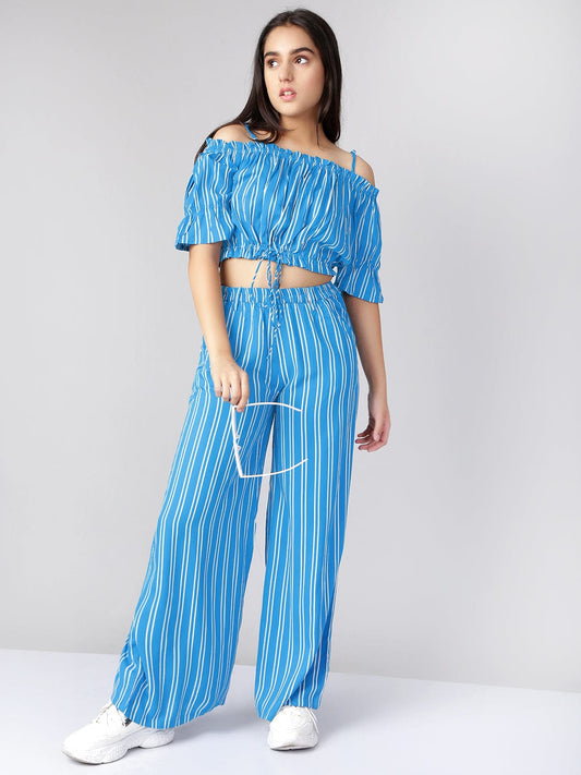 Off Shoulder Striped Cotton 2 Piece Top & Palazzo Set For Teens 1080