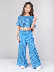 Off-Shoulder Striped Cotton Top & Palazzo Set For Girls