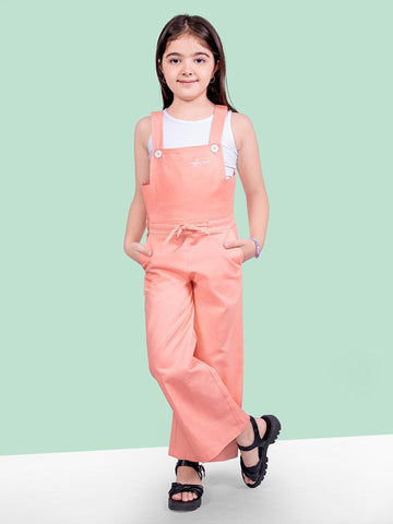 Peach Pure Cotton Sleeveless Dungaree With Pockets & T-Shirt For Girls
