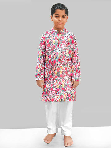 Pink Printed Slub Kurta & White Pyjama Set