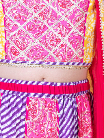 Pink & Purple ReadyMade Gota Patti Printed 3 Piece Lehenga Blouse Dupatta Set In Cotton For Girls