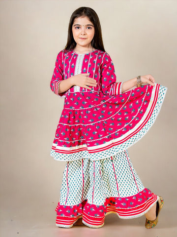 Pink & White Gota Patti Ethnic Printed 2 Piece Kurta Sharara Set In Cotton For Girls