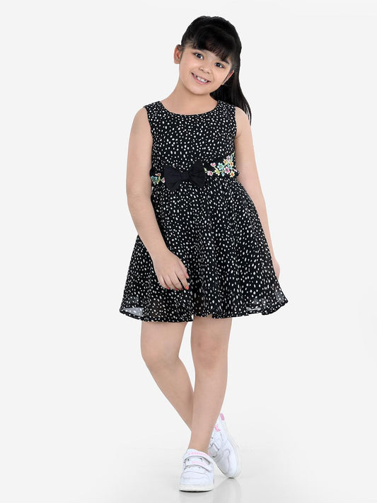 Polka Dot Printed & Embroidered Polyester Sleeveless Fit & Flare Dress For Girls 1080