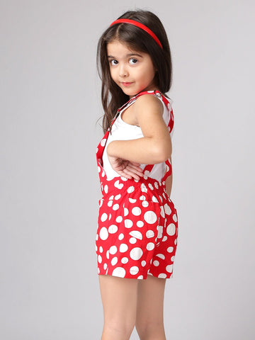 Polka Dot Pure Cotton Printed Sleeveless Dungaree With Pockets & T-Shirt For Girls