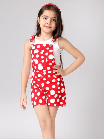 Polka Dot Pure Cotton Printed Sleeveless Dungaree With Pockets & T-Shirt For Girls